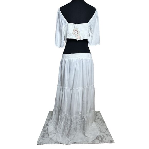 White Boho Maxi Dress XL Flutter Sleeve‎ Pockets Cutout Waist Tiered Cottagecore - Picture 2 of 15